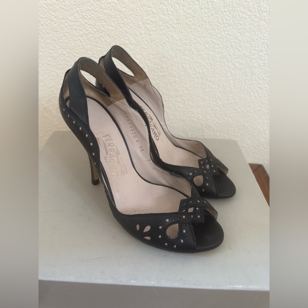 Salvatore Ferragamo Black Cutout Leather Cut Out Peep Toe Stiletto Pumps Black